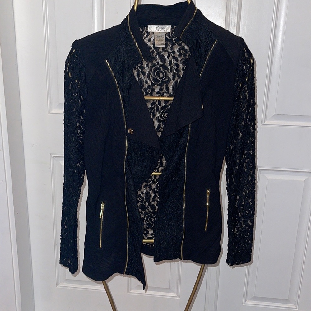 LASEINE stretch lace and zipper accent jacket